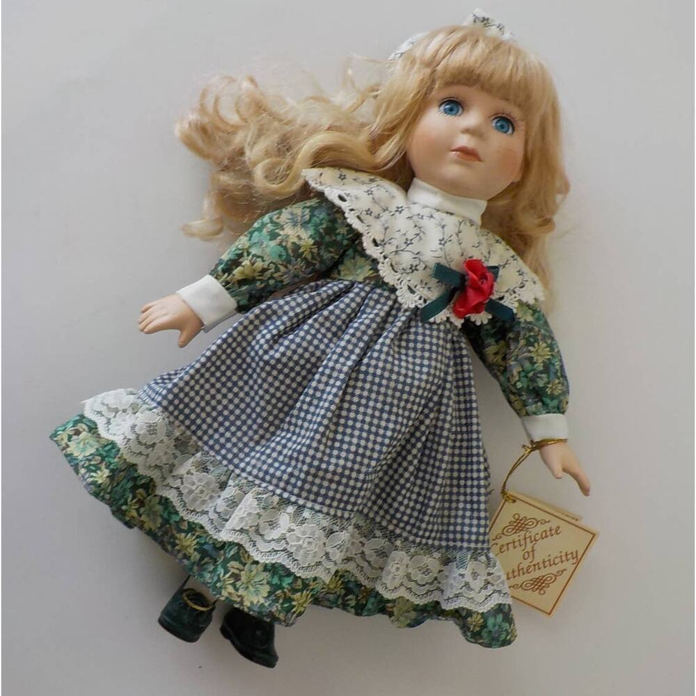 Vtg Soft Expressions Bisque Porcelain Doll Handcrafted Blond Hair Floral Dress